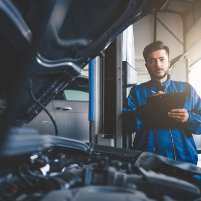 Mechanic holding a clipboard